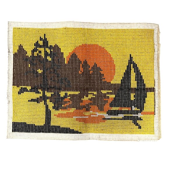 Vintage Latch Hook Rug Wall Hanging Sunset Sailboat 1970s Yellow Orange Brown - Picture 3 of 7